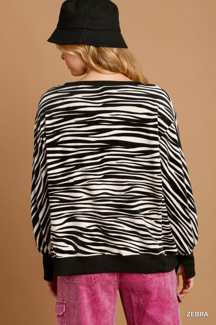 Umgee Zebra Striped Fleece Pullover Sweater Shirt | Sweaters Daverri Fashions