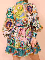 Daverri Fashions multicolored floral print mini dress with ruffled hem, long sleeves and belt