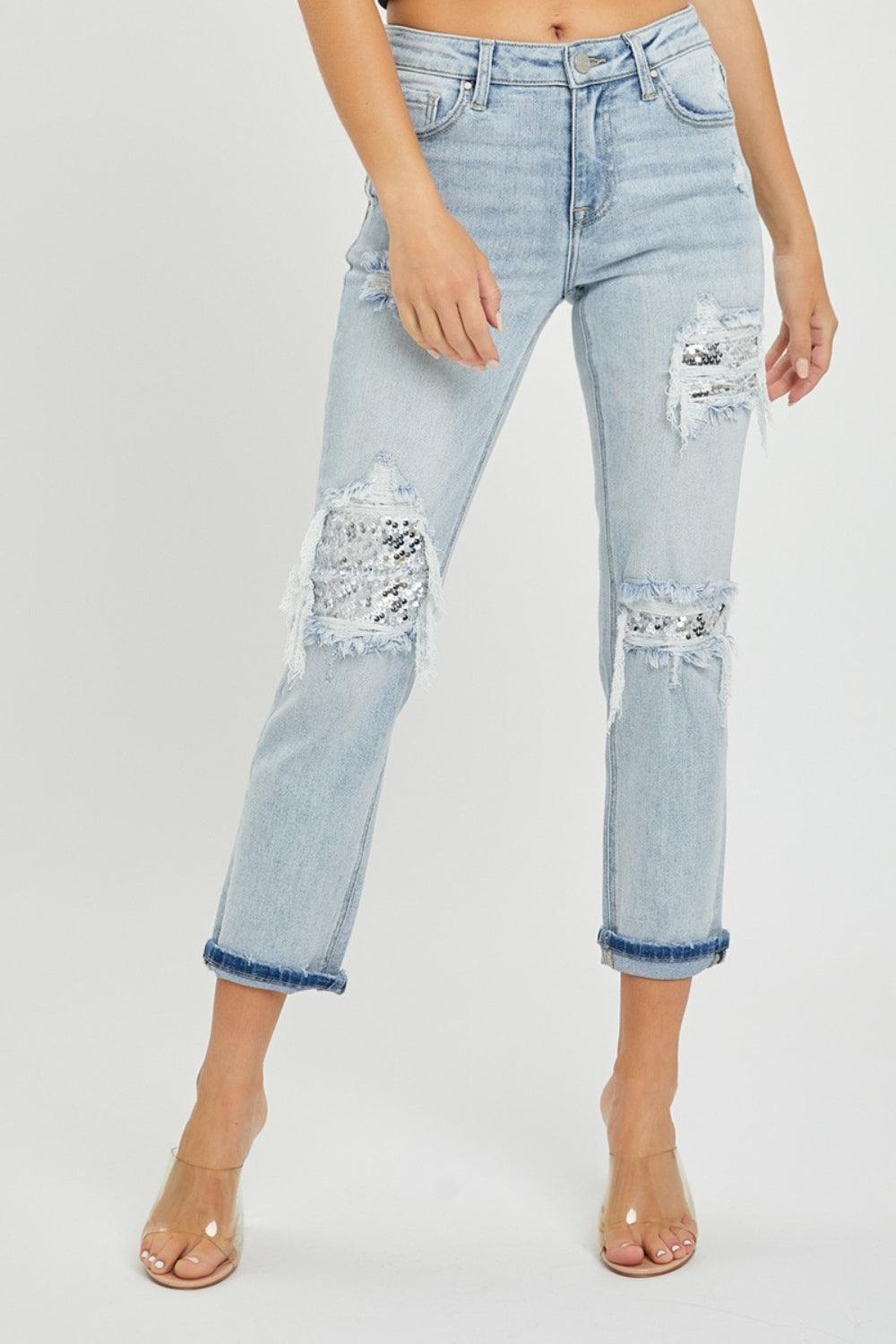 RISEN Mid-Rise Sequin Patched Jeans Light Jeans
