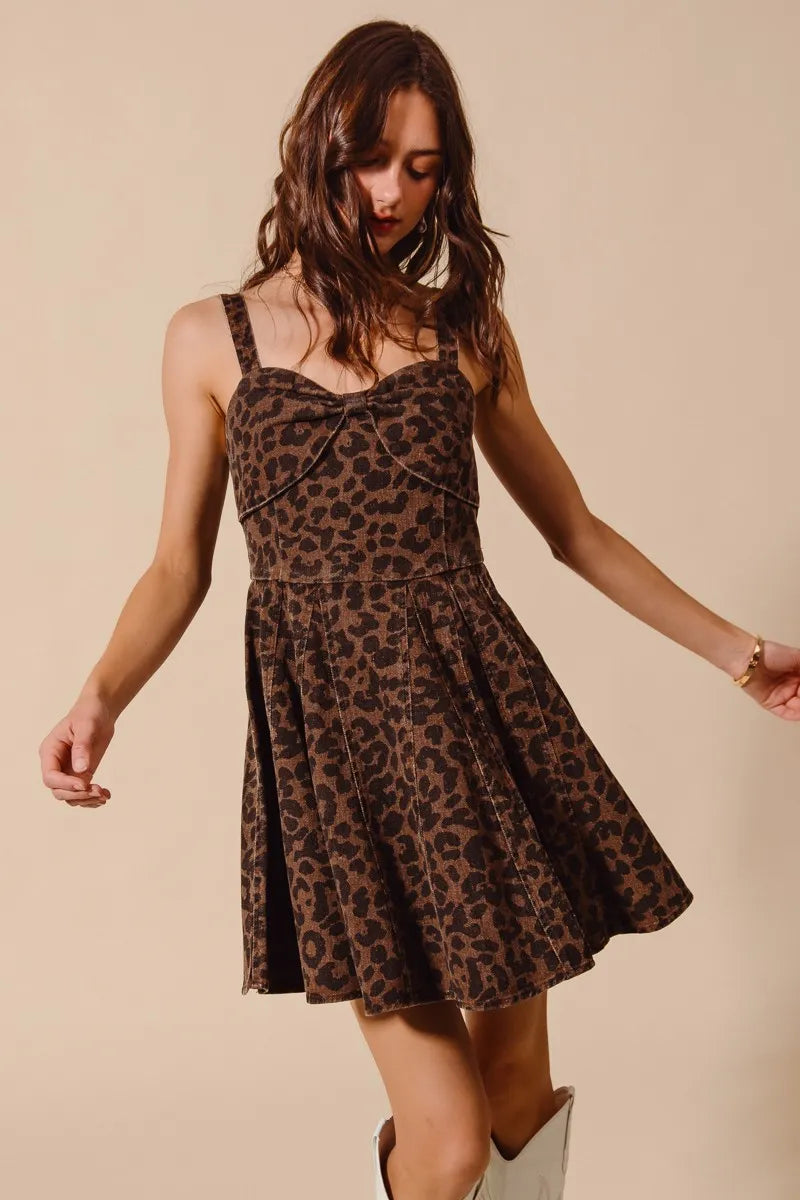 SO ME Mineral Washed Leopard Flare Cami Dress Mini Dresses