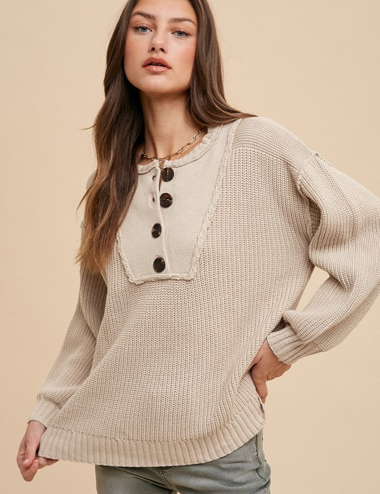 Annie Wear Half Button Ribbed Hem Sweater Oatmeal