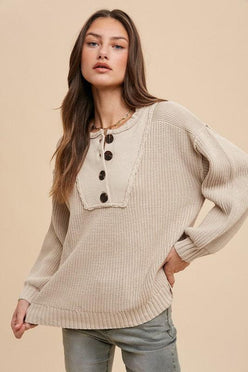 Annie Wear Oatmeal Half Button Ribbed Hem Sweater - DAVERRI FASHIONS