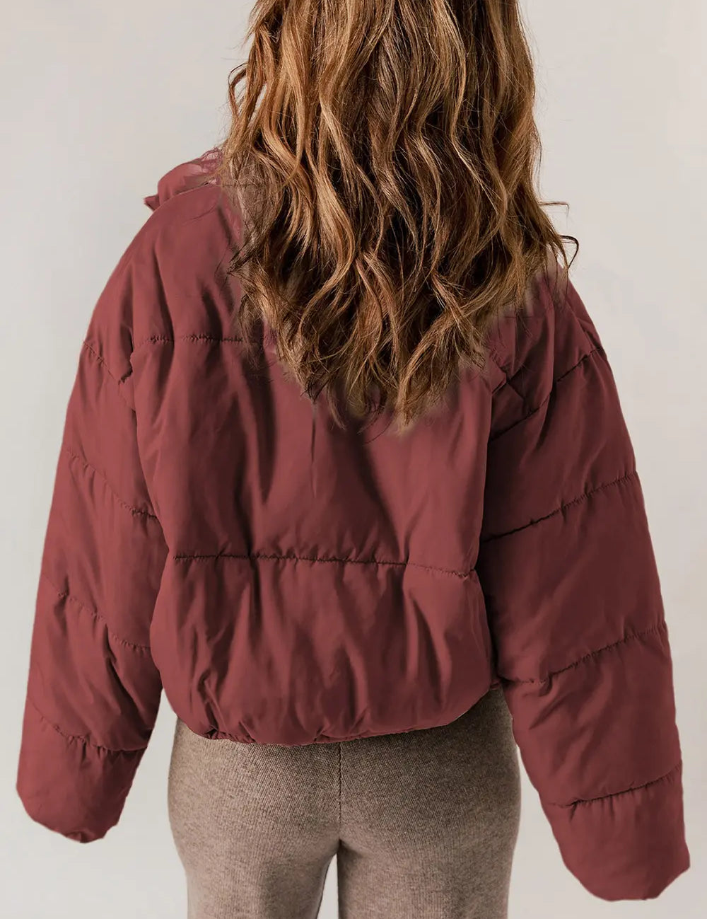 Maroon zip-up collared puffer jacket with quilted long sleeves