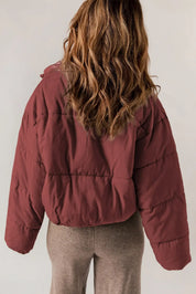 Maroon zip-up collared puffer jacket with quilted long sleeves