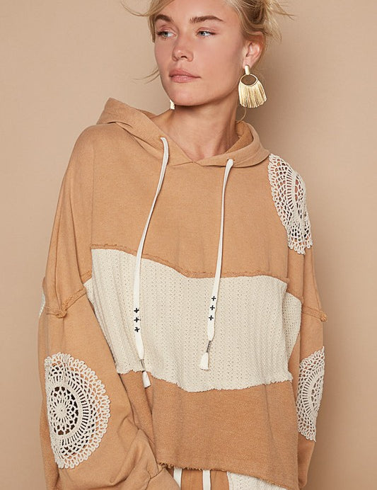 POL Openwork Contrast Dropped Shoulder Hoodie Wheat M