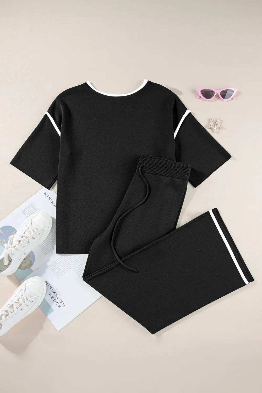 Black and white striped cotton blend tracksuit set with drawstring waist