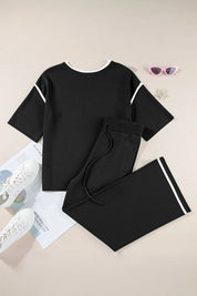 Black and white striped cotton blend tracksuit set with drawstring waist