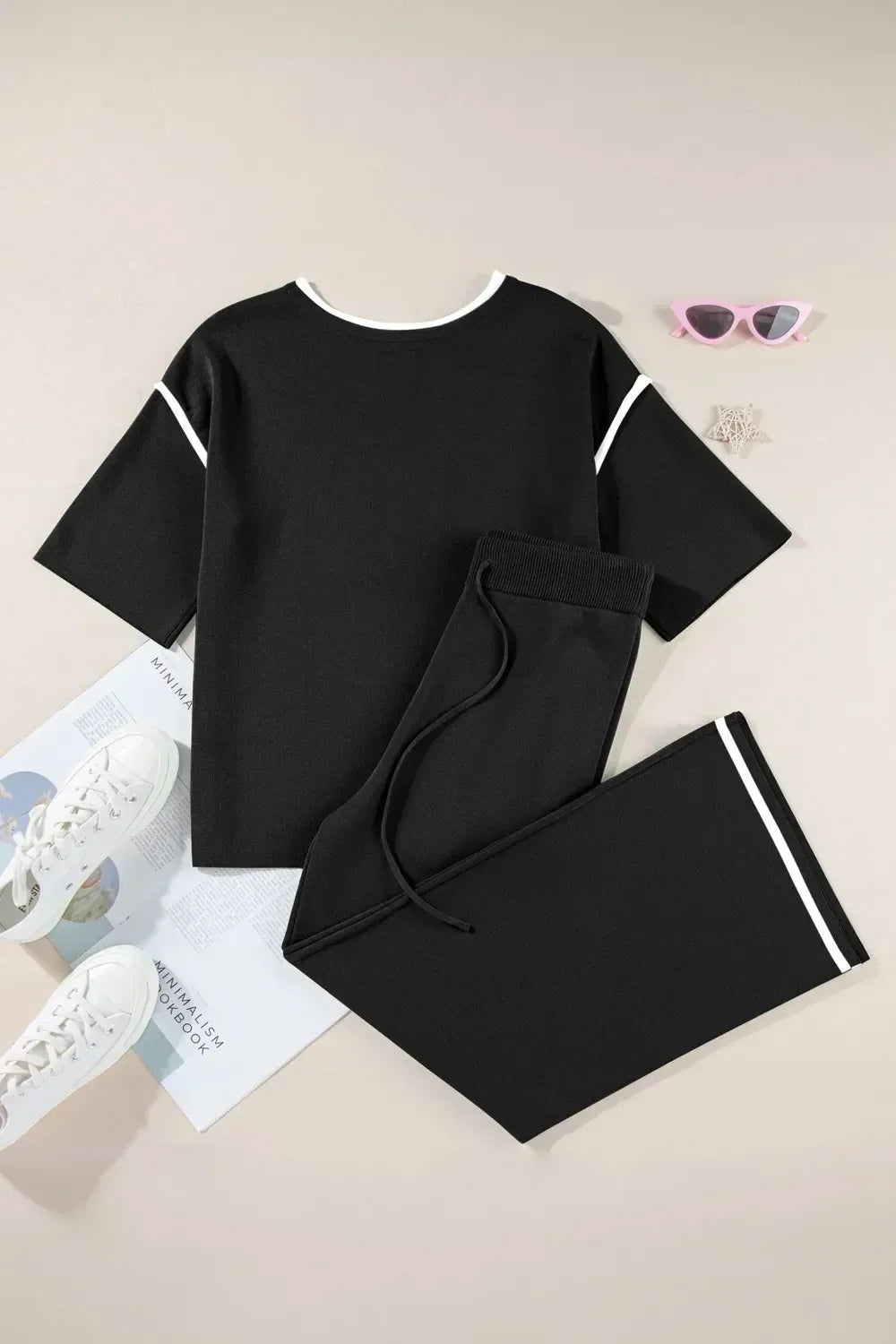 Daverri Fashions Contrast Trim Round Neck Top and Pants Set - DAVERRI FASHIONS