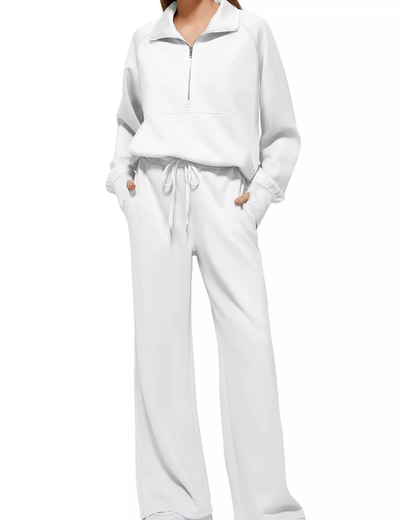 White Full Size Half-Zip Sweatshirt and Wide-Leg Pants Set Plus Size | Outfit Sets Daverri Fashions