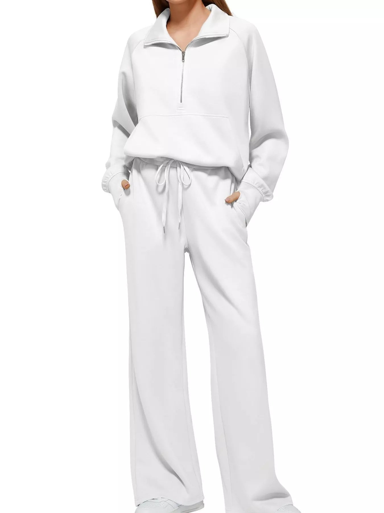 White Full Size Half-Zip Sweatshirt and Wide-Leg Pants Set Plus Size | Outfit Sets Daverri Fashions