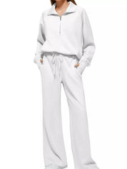 White Full Size Half-Zip Sweatshirt and Wide-Leg Pants Set Plus Size | Outfit Sets Daverri Fashions