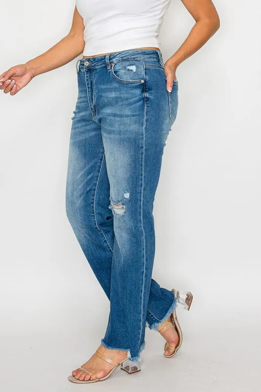 bytos Full Size Raw Hem Distressed Mid Rise Straight Jeans | Jeans Daverri Fashions