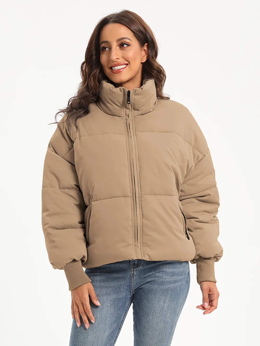 Beige zip-up turtleneck long sleeve puffer jacket with high collar