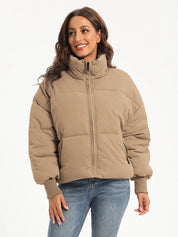 Beige zip-up turtleneck long sleeve puffer jacket with high collar