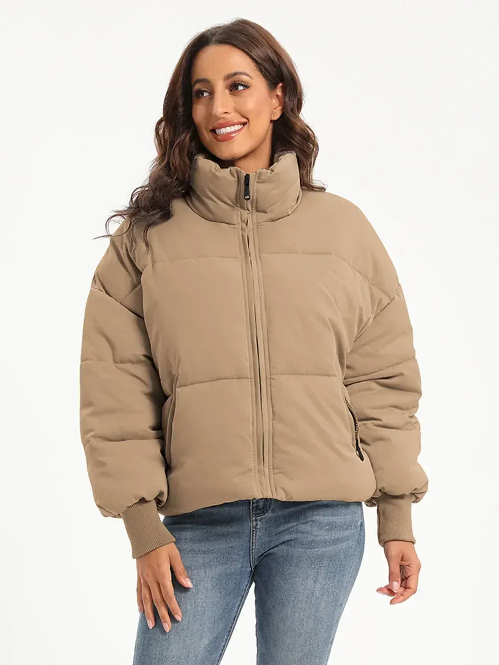 Zip Up Turtleneck Long Sleeve Puffer Jacket - DAVERRI FASHIONS