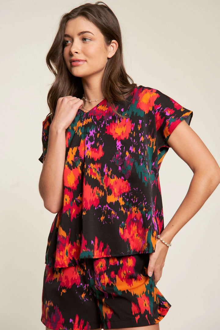 Davi & Dani Printed V Neck Short Sleeve Top and Shorts Set Shorts Sets