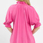 Umgee Linen Scalloped Ruffle Neck Blouse in vibrant pink with puffed sleeves