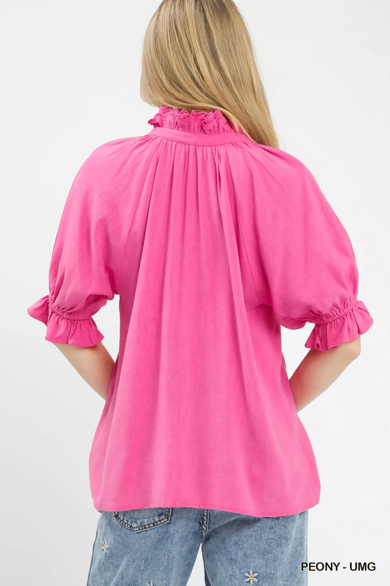 Umgee Linen Scalloped Ruffle Neck Blouse in vibrant pink with puffed sleeves