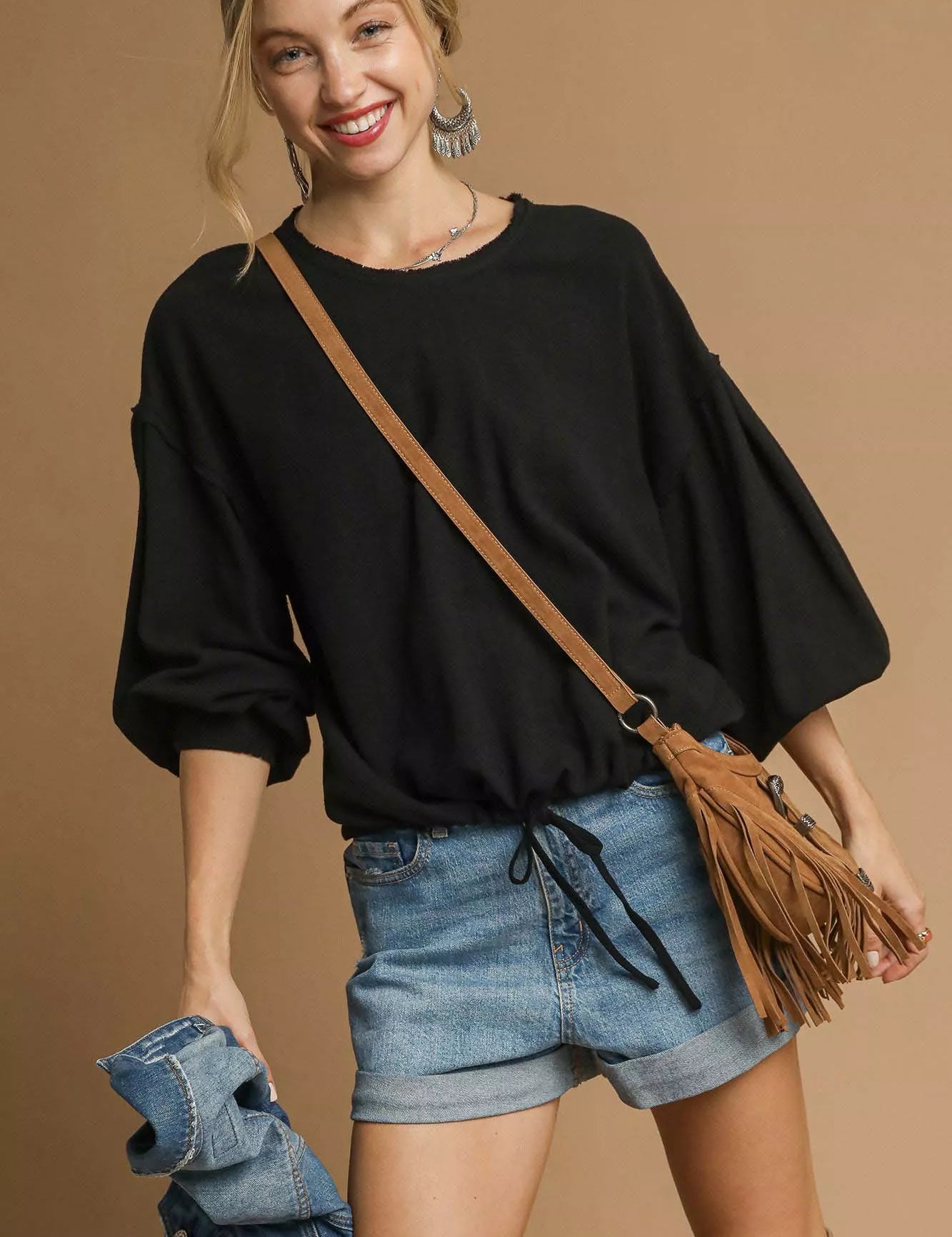 Umgee Full Size Linen Long Sleeve Top with Drawstring Plus Size | Blouses Daverri Fashions