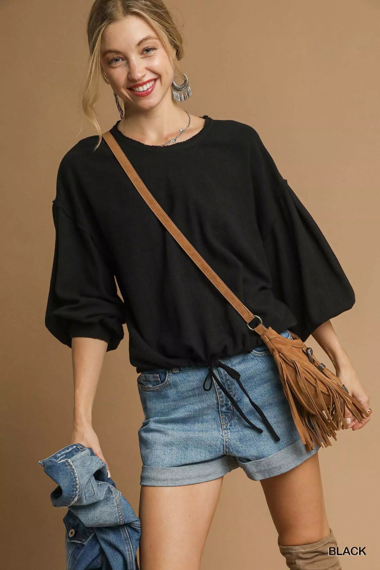 Umgee Full Size Linen Long Sleeve Top with Drawstring Plus Size | Blouses Daverri Fashions