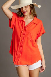 Umgee Full Size Linen Blend Button Down Short Folded Sleeve Shirt Plus Size Orange Shirts