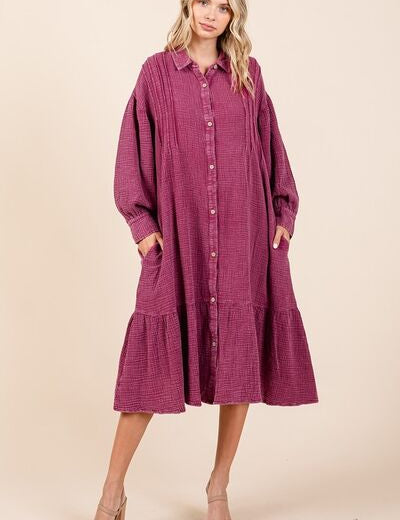 Mittoshop Mineral Wash Cotton Gauze Ruffle Midi Shirt Dress Midi Dresses