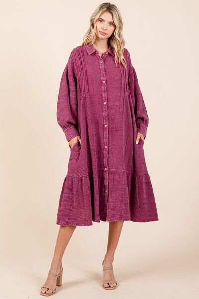 Mittoshop Mineral Wash Cotton Gauze Ruffle Midi Shirt Dress Midi Dresses