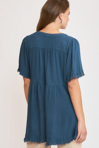 Umgee Full Size Raw Hem Notched Babydoll Linen Blouse Plus Size Blouses