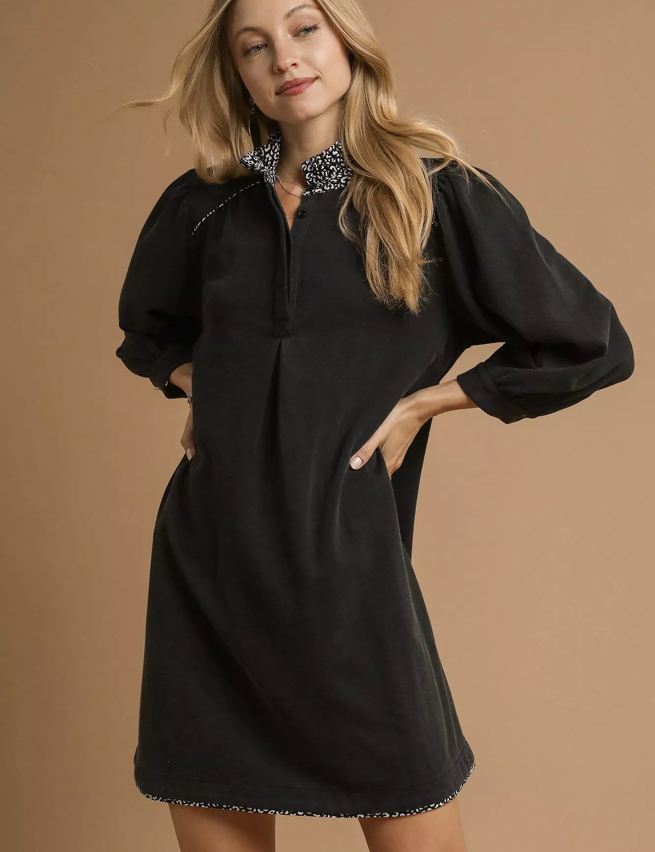 Black Umgee French Terry Balloon Sleeve Shift Dress with Leopard Print Detail | Mini Dresses Daverri Fashions