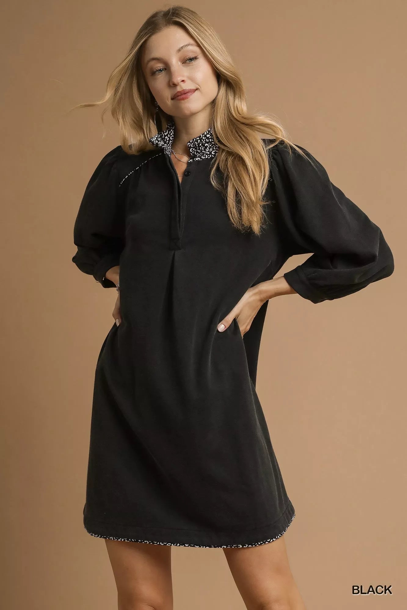 Black Umgee French Terry Balloon Sleeve Shift Dress with Leopard Print Detail | Mini Dresses Daverri Fashions