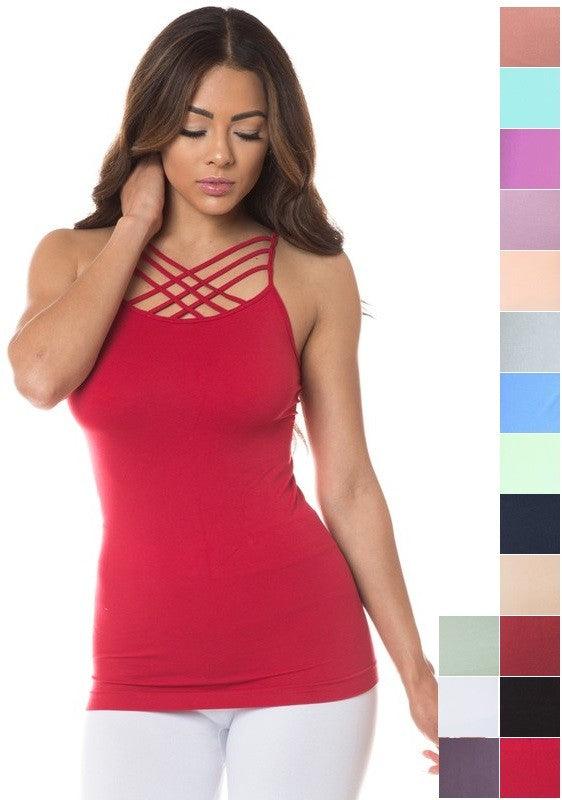 Triple Criss-Cross Front Seamless Cami Top CRIMSON OS Shirts & Tops