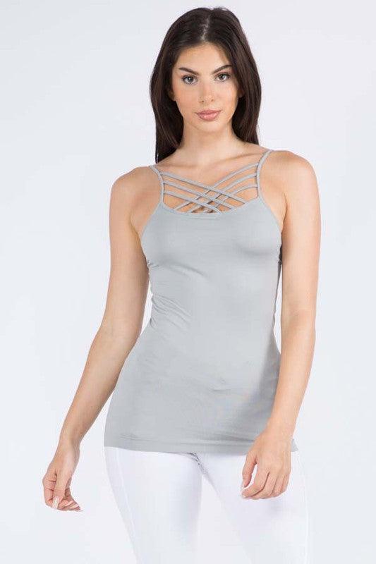 Triple Criss-Cross Front Seamless Cami Top Grey OS Shirts & Tops