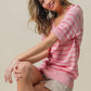BiBi Stripe Short Sleeves Collared V Neck Top in soft pink and white horizontal stripes