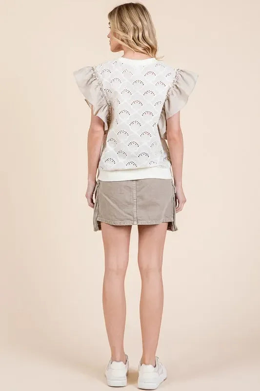 Lime 'N' Chili Ruffle Cap Sleeve Embroidered Eyelet Blouse - DAVERRI FASHIONS