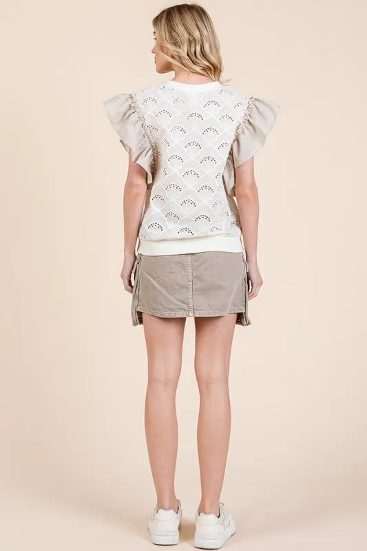 Lime 'N' Chili Ruffle Cap Sleeve Embroidered Eyelet Blouse