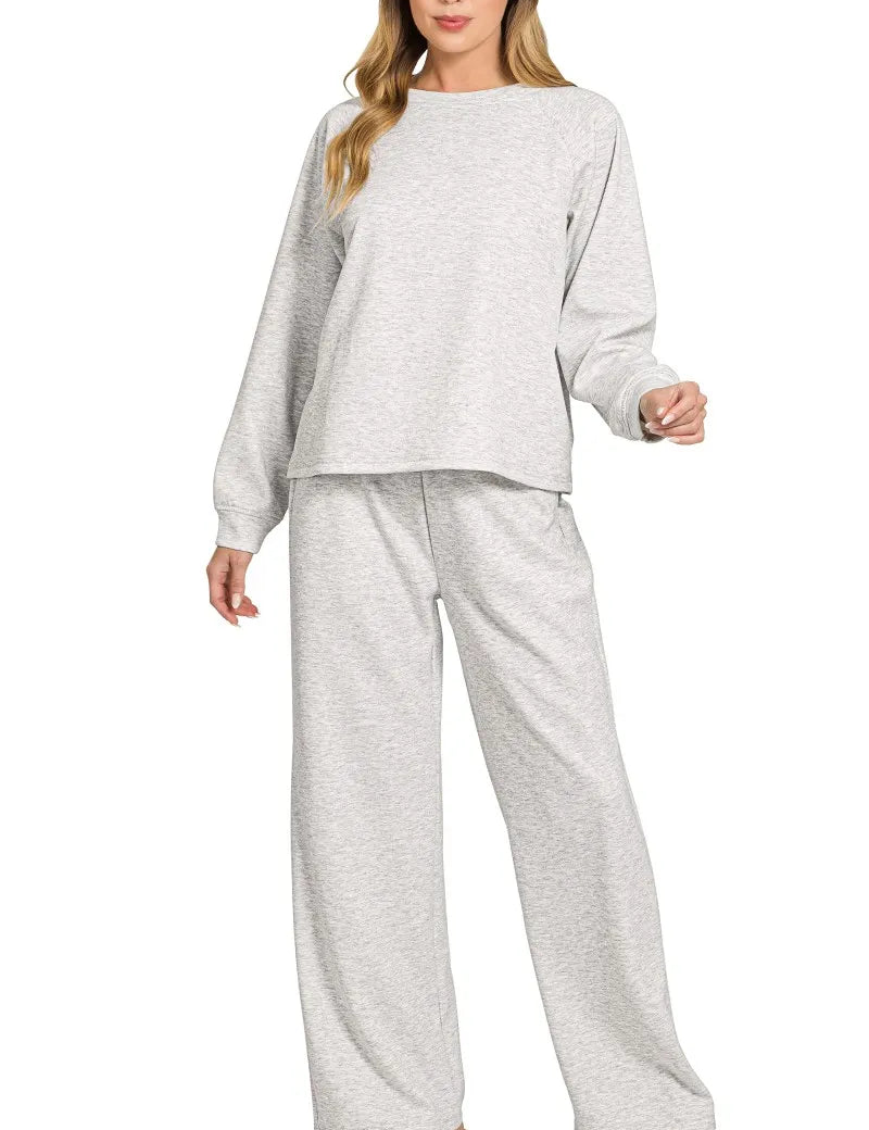 H GREY Zenana Scuba Crewneck Sweatshirt and Pants Set | Loungewear Sets Daverri Fashions