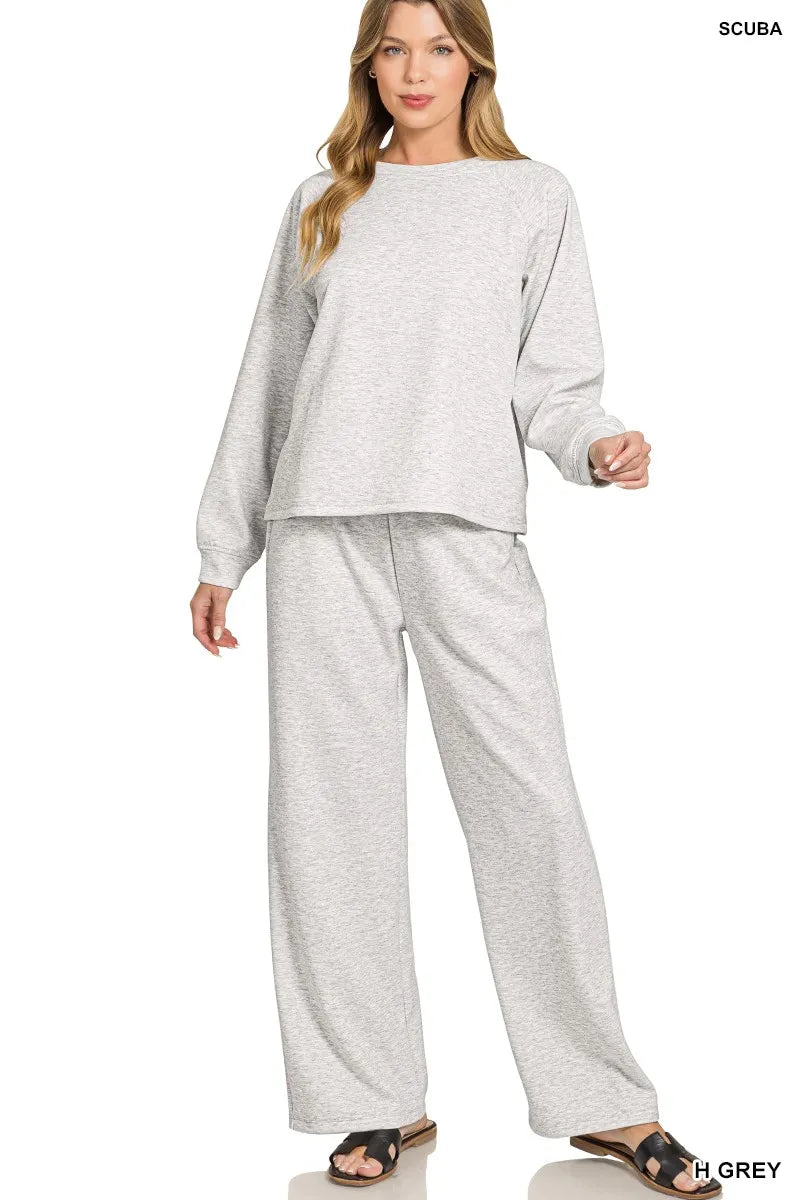 Zenana Scuba Crewneck Sweatshirt and Pants Set H GREY
