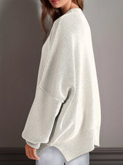 Side Slit Round Neck Long Sleeve Sweater | Sweaters Daverri Fashions