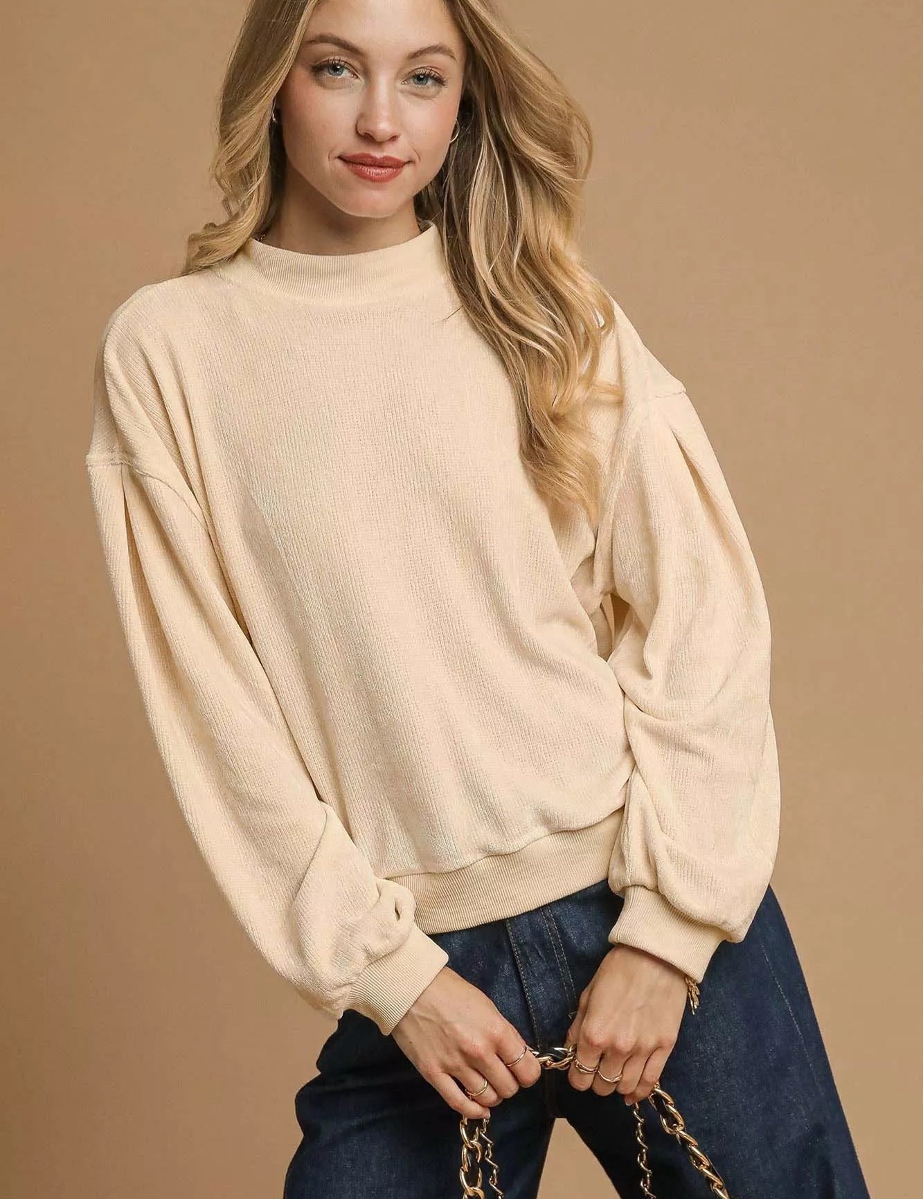 CREAM Umgee Velour Crewneck Balloon Sleeve Sweatshirt | Daverri Fashions