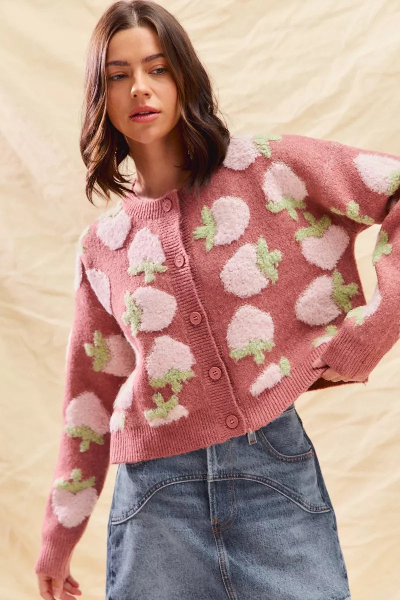 SO ME Strawberry Fruit All Over Button Sweater Cardigan | Cardigans Daverri Fashions