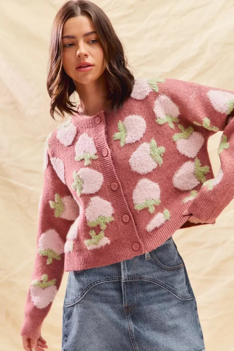 SO ME Strawberry Fruit All Over Button Sweater Cardigan - DAVERRI FASHIONS