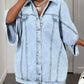 Light-wash oversized batwing sleeve denim shirt dress with button front