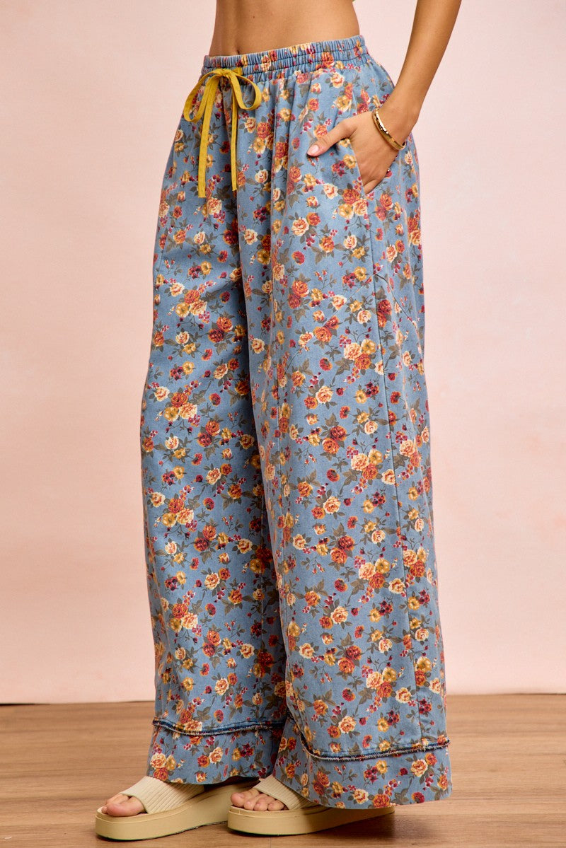 BiBi Floral Printed Drawstring Wide Pants in blue with yellow waistband