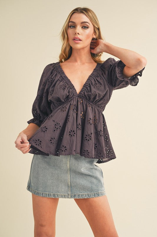 Aemi + Co Eyelet Embroidered V-Neck Half Sleeve Peplum Blouse Blouses