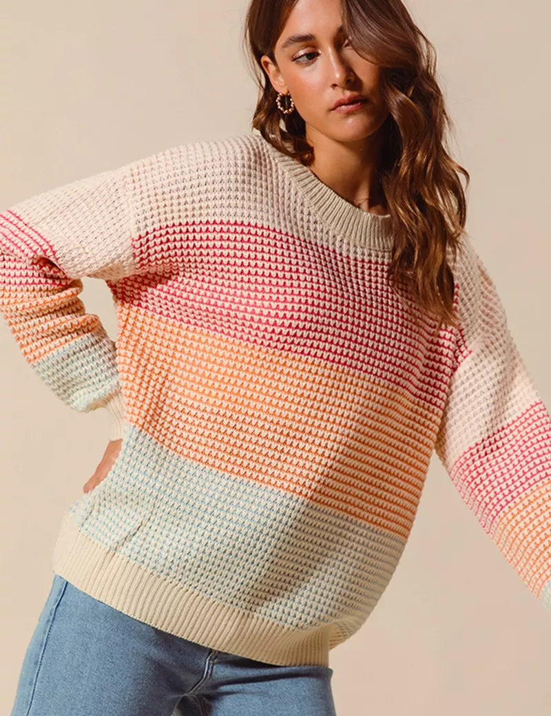 SO ME Multi Color Block Long Sleeve Sweater | Daverri Fashions