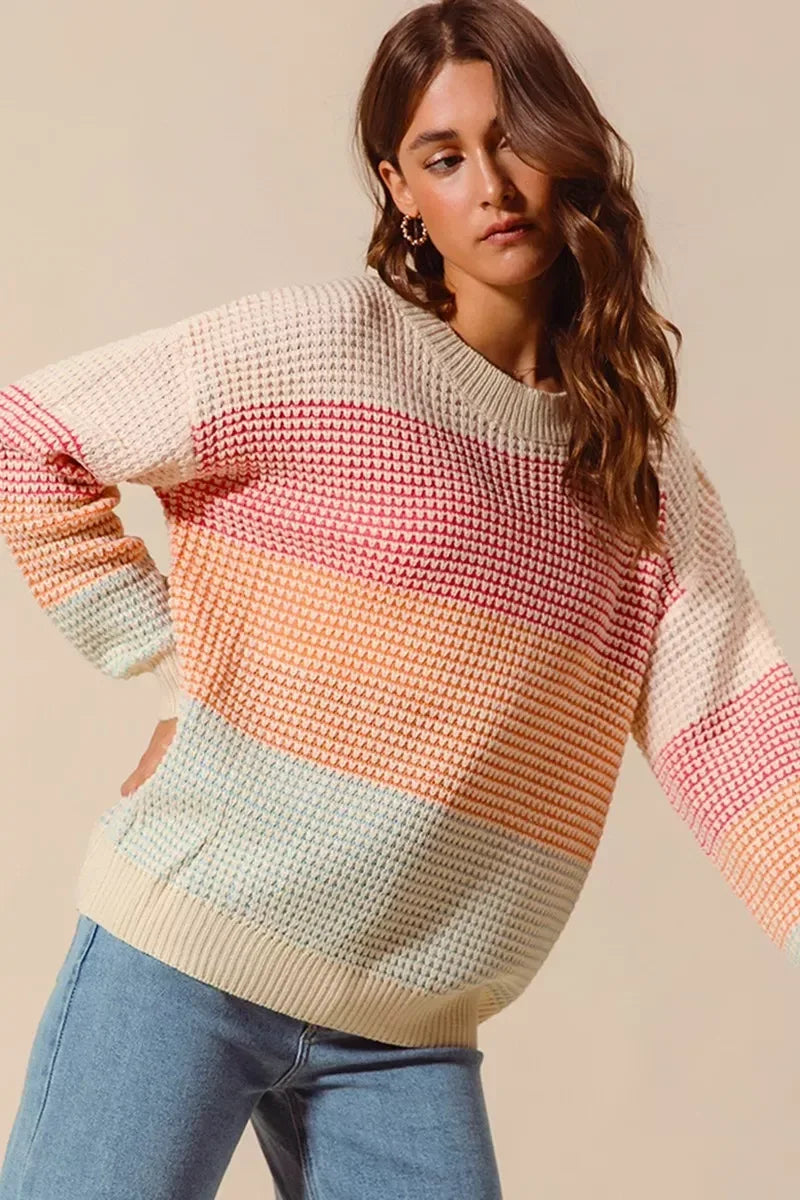 SO ME Multi Color Block Long Sleeve Sweater - DAVERRI FASHIONS