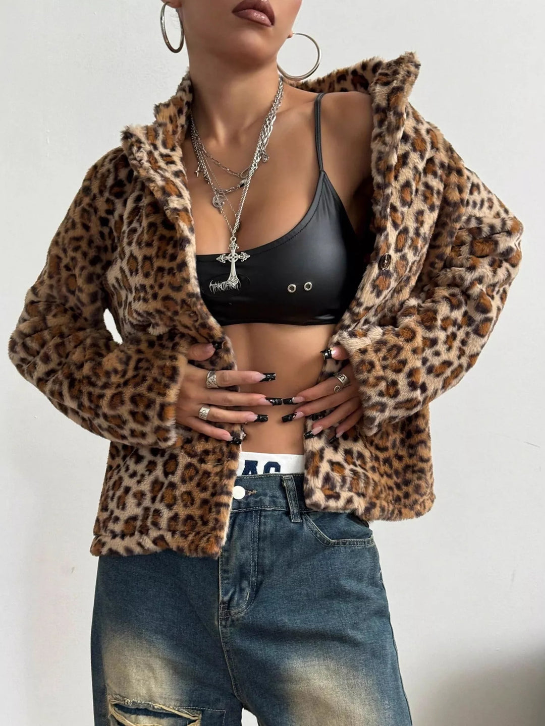Leopard Button Up Faux Fur Jacket | Jackets Daverri Fashions