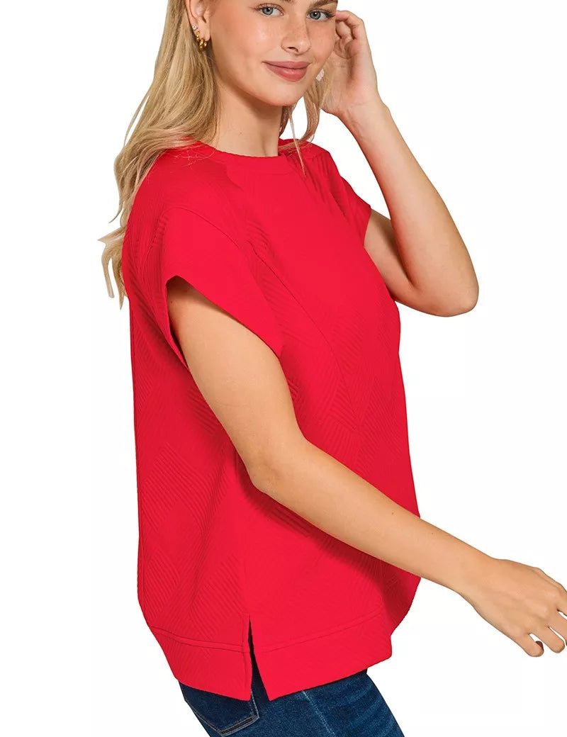 Textured Knit Jacquard Short Sleeve Top | Knit Tops Daverri Fashions