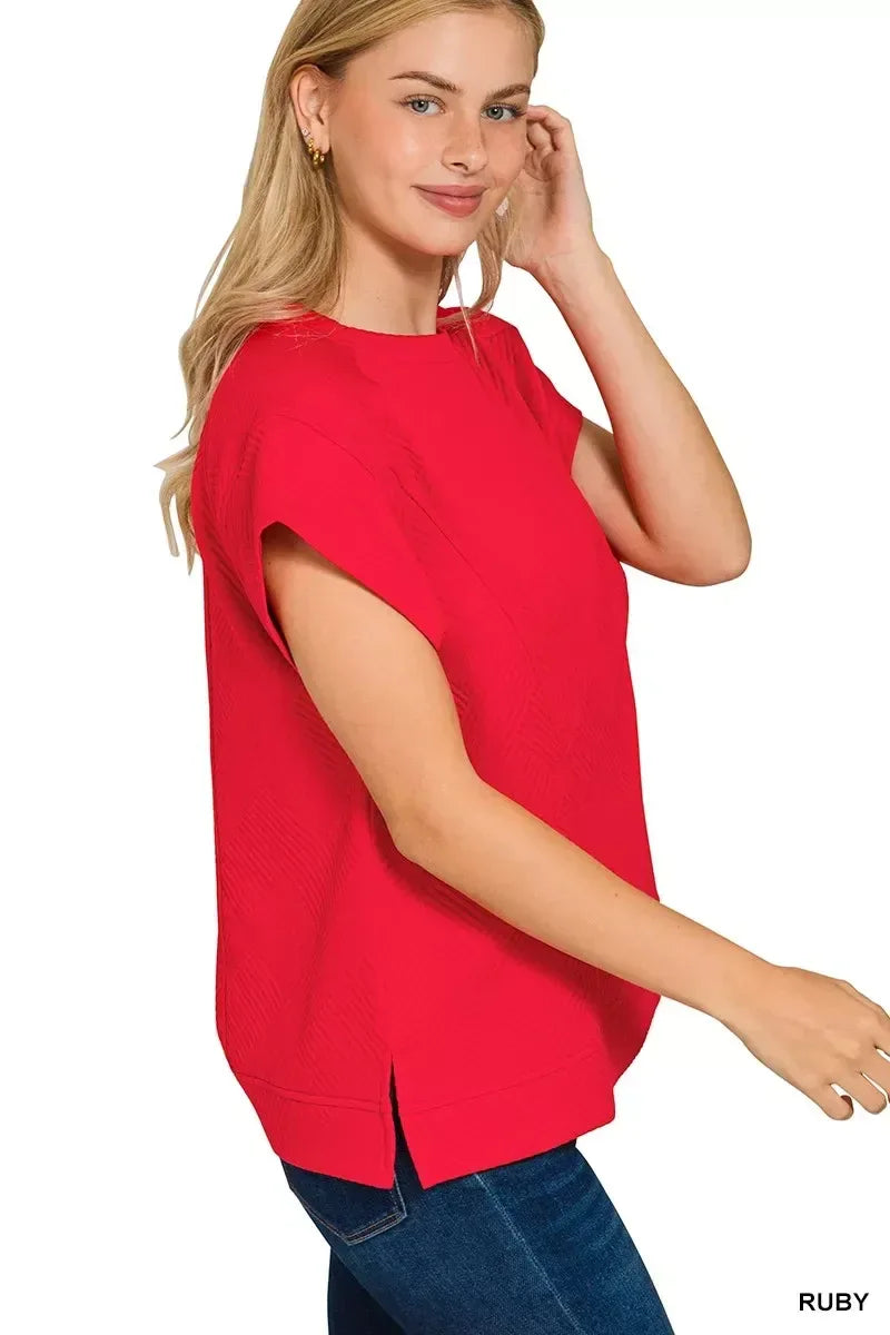 Textured Knit Jacquard Short Sleeve Top - DAVERRI FASHIONS