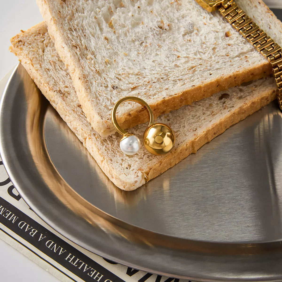 18K Gold-Plated Orb & Pearl Open Ring | Jewelry Daverri Fashions
